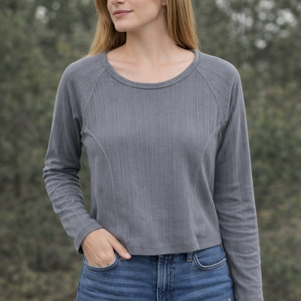 Tommy Jeans Women’s Gray Long Sleeve Top Size Large Casual Ribbed Shirt